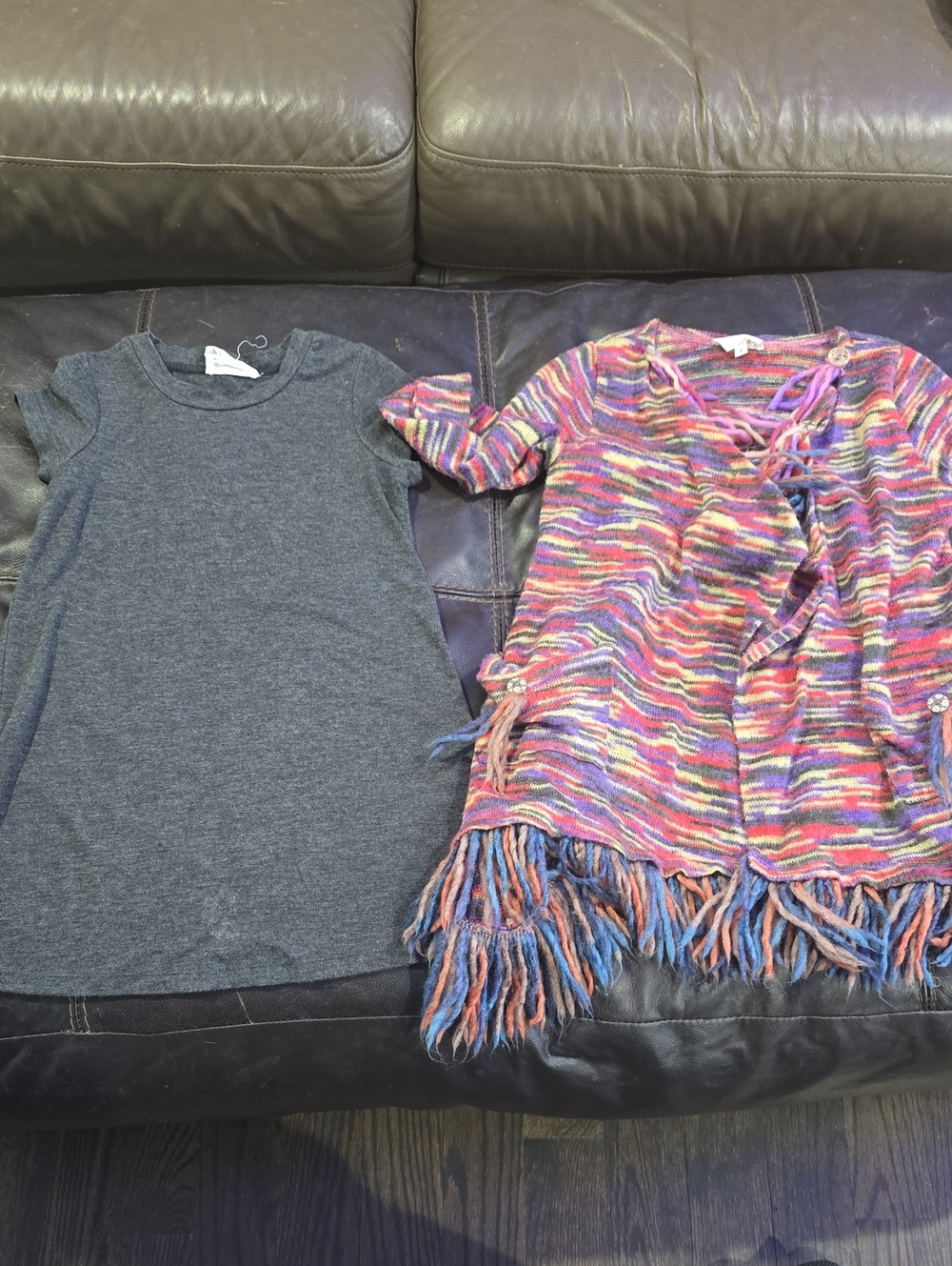 Hannah Banana Multi-Color Fringe Knit Cardigan and Gray Dress Set